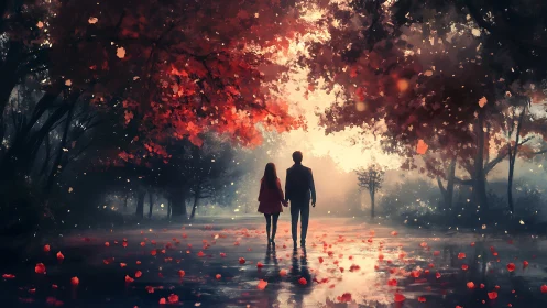 Two figures standing together under glowing red canopy