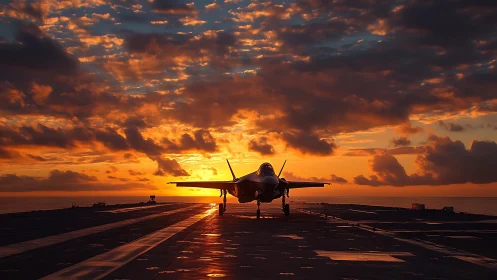 Carrier-deck stealth jet silhouette in high-saturation sunset field.