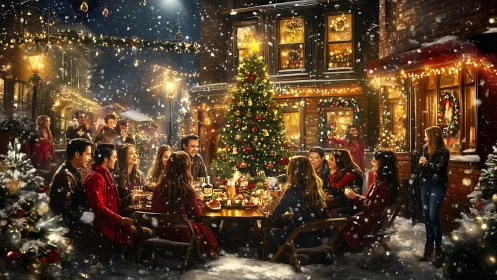 Christmas street dinner glows under festive winter lights.