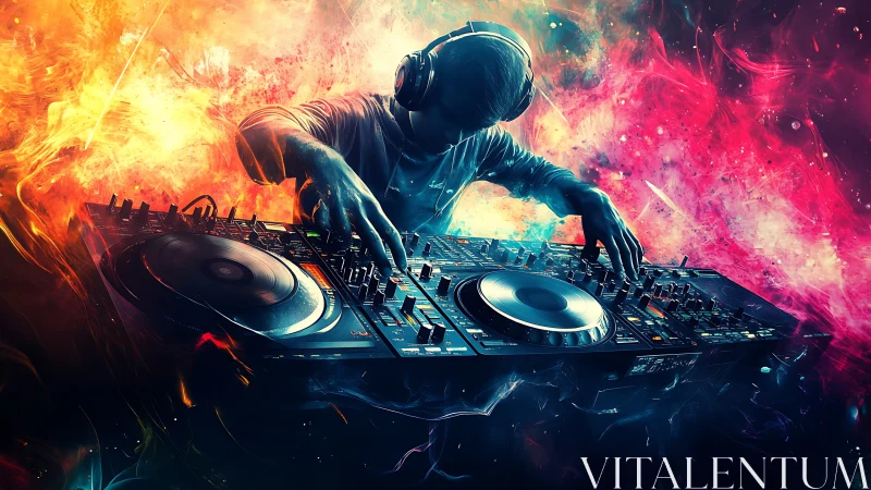 DJ at mixing console in abstract neon environment.