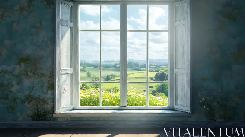 Sunlit casement window framing stratified rural panorama.