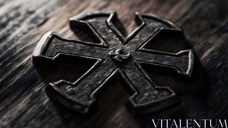 Ancient Iron Cross on Wood in Dramatic Light, Rustic Style.