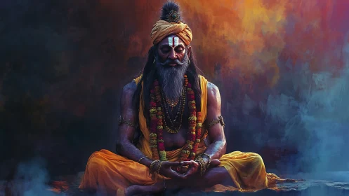 Meditating figure sits cross-legged against abstract backdrop