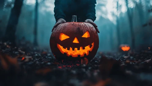 Jack-o’-lantern glows in eerie misty forest at dusk.