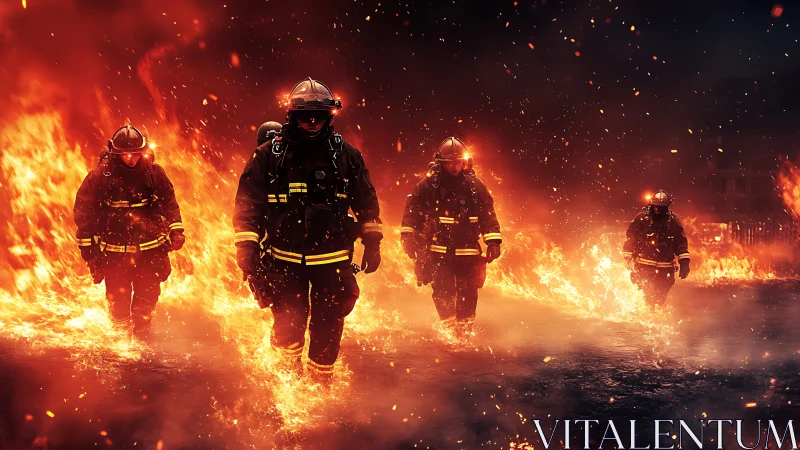 Firefighters advancing through massive wildfire engulfment. Thermal intensity.