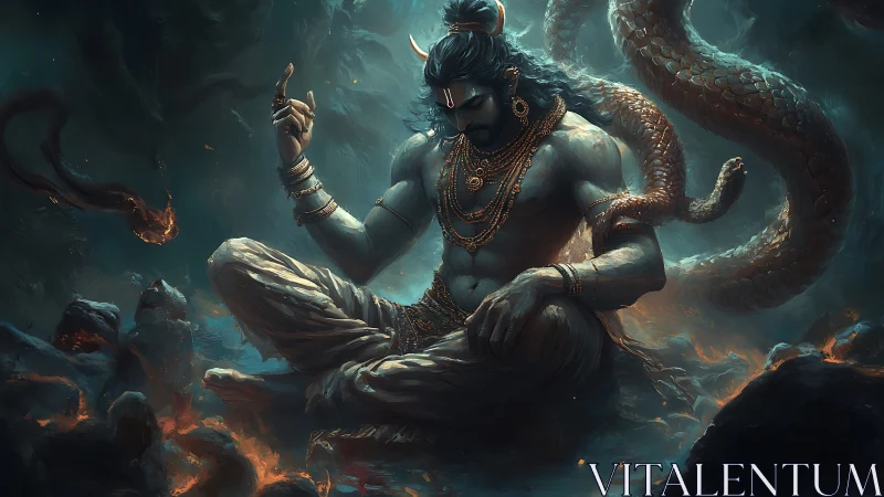 Mythological figure sits in lava-lit cavern with coiled serpent