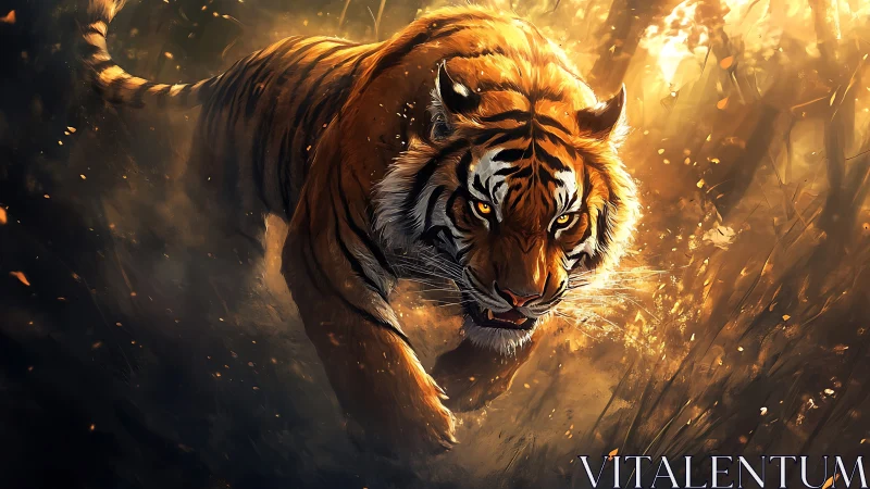 Predatory tiger charging through golden forest light.