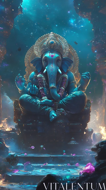 Divine blue Ganesha seated in luminous cosmic temple