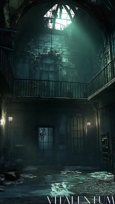 Abandoned asylum atrium catches cold turquoise skylight