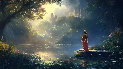 Serene robed wanderer by a sunlit mystical forest river.