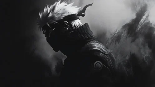 Monochrome ninja silhouette in dramatic side profile.