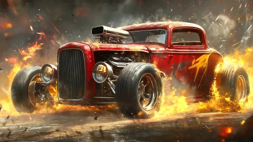 Digital painting of flaming red hot rod in dynamic drift.
