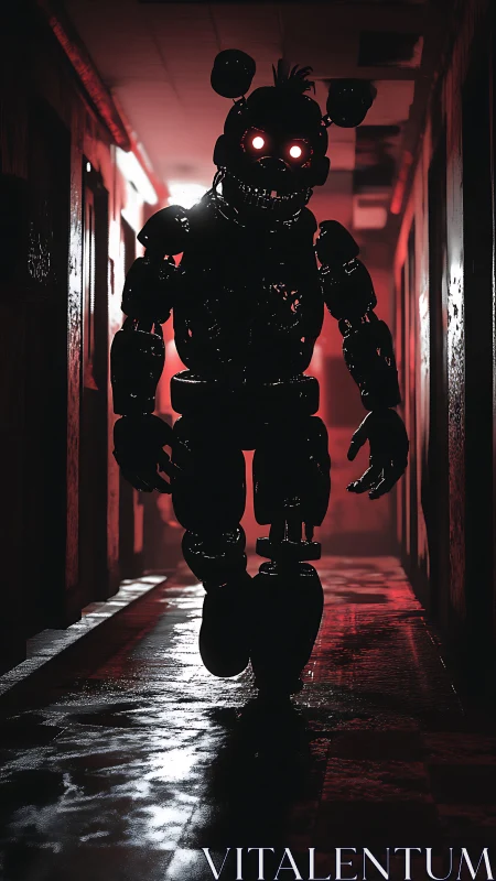 Animatronic silhouette walks down dark corridor toward viewer