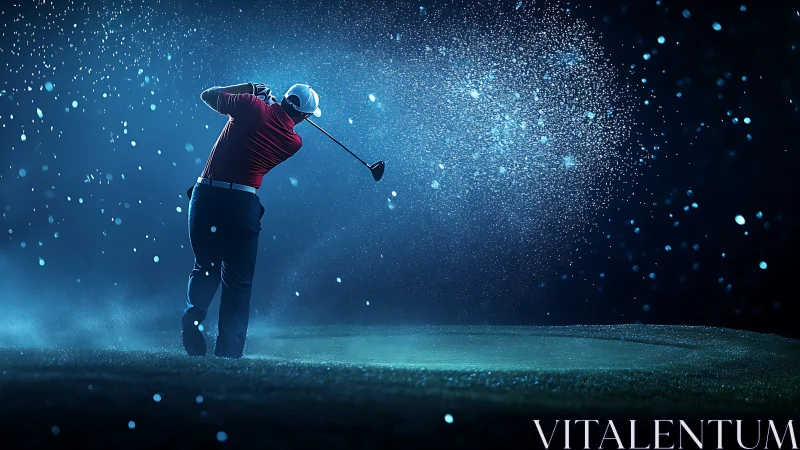 Midnight golfer carves a comet trail through frozen rain