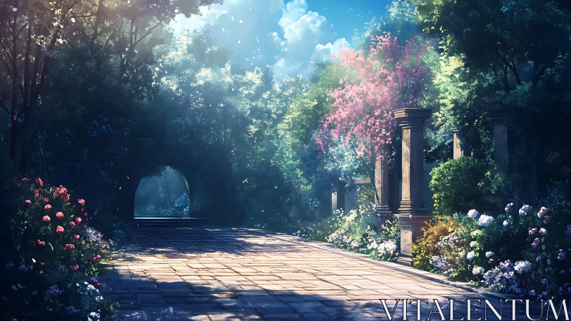 Sunlit garden walkway with flowers and stone colonnade.