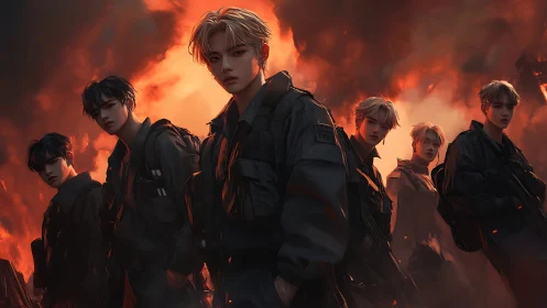 Paramilitary youth squad under cinematic inferno sky.