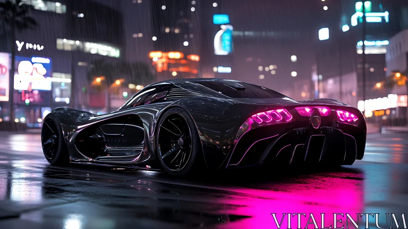 Carbon-fiber hypercar in neon-lit wet city street at night