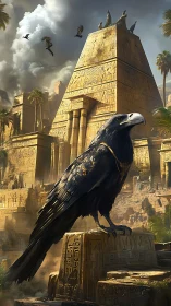 Black raven perches before carved pyramid temple in sun