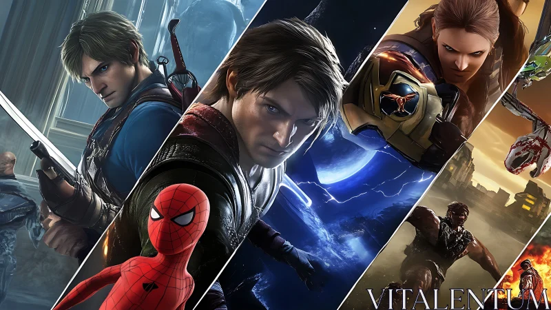 Dynamic gaming heroes montage in diagonal cinematic panels.