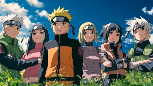 Sunlit ninja team line-up under vivid summer sky backdrop.