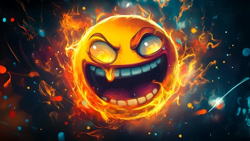 Fiery laughing emoji blazes with chaotic neon energy.