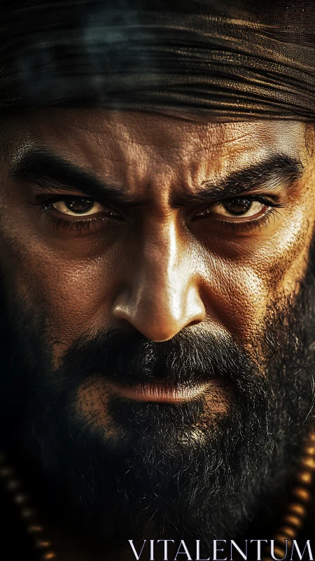 Intense bearded warrior stares ahead with burning resolve