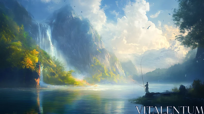 Lone angler stands beside misty lake under towering falls