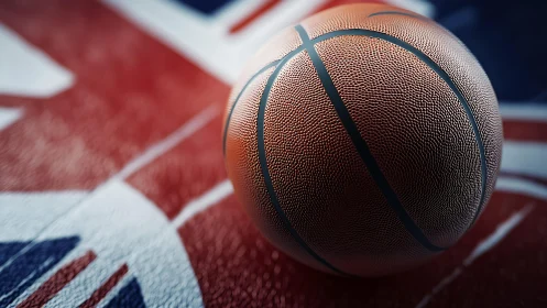 Basketball rests on stylized court with bold national colors