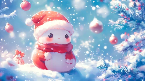 Cute snowman in red Santa outfit under snowfall sparkle.