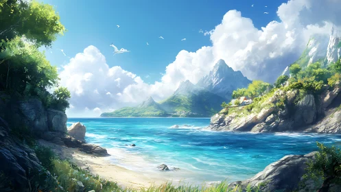 Island Paradise Cove With Mountain Peak.