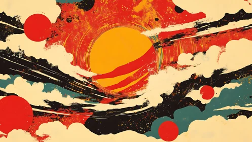 Solar jazz across painted clouds and bold red orbits.
