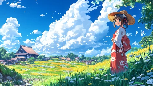 Summer meadow girl in red kimono under vast cloudscape.