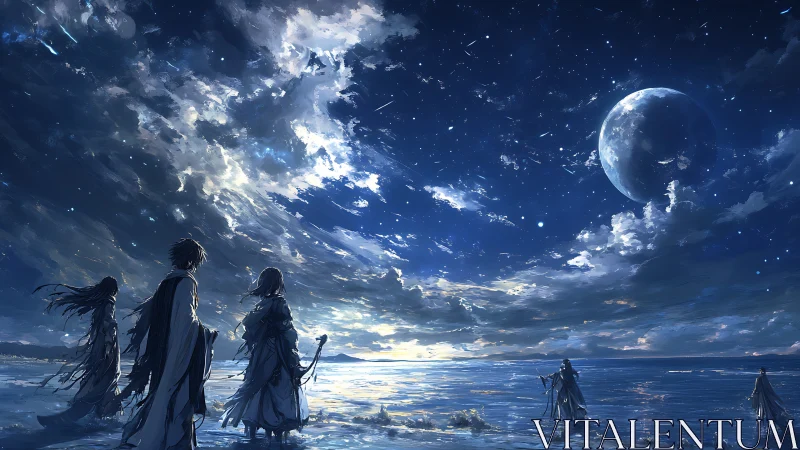 Starlit wanderers pause by a glowing sea under a vast moon