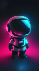 Neon-lit chibi astronaut stands glowing in deep space
