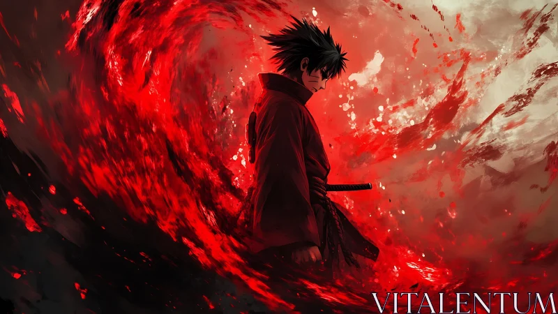 Solitary swordsman within swirling red energy field.