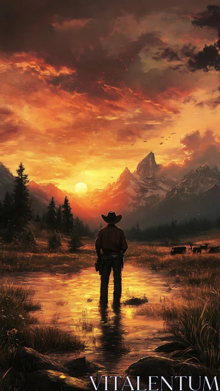 Lone cowboy studies molten sunset over alpine valley stream