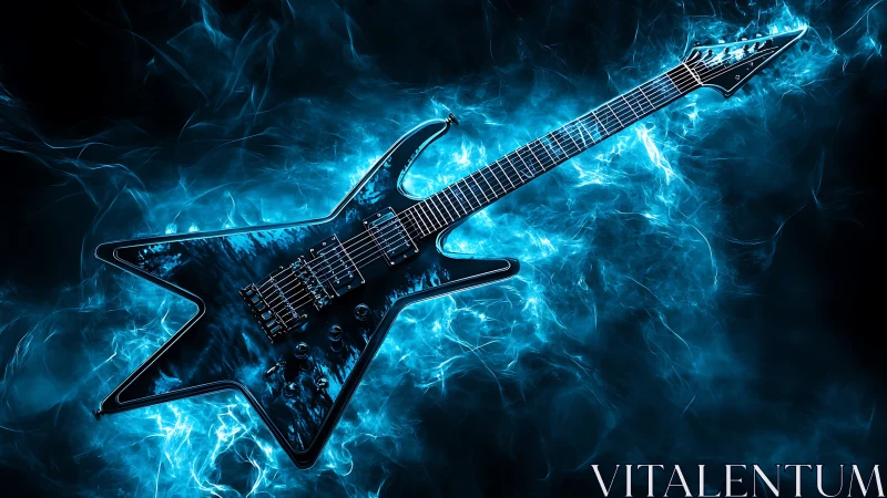 Electric blue metal guitar in luminous energy field rendering.