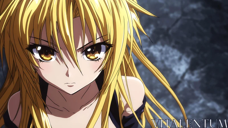 Storm-eyed golden warrior girl framed in cracked twilight.