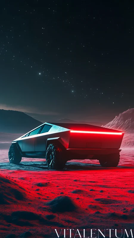 Angular electric truck under star field casts red emissive ground light