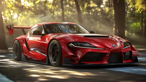 Sleek red sports car glowing in soft forest sunlight.