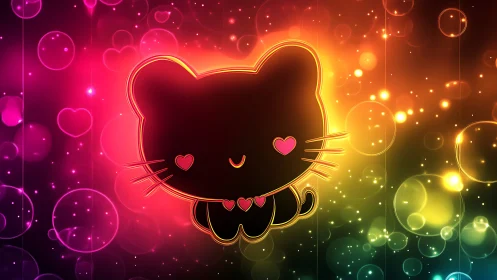 Neon kitten silhouette glows through a rainbow bubble daydream