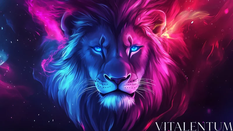 Neon cosmic lion portrait with radiant blue eyes.