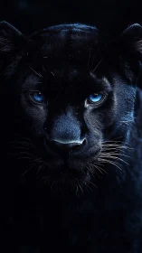 Black Panther with Piercing Blue Eyes Staring Forward.