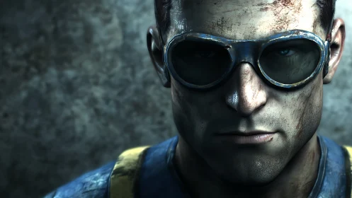 Grim vault wanderer in scratched goggles, close portrait.