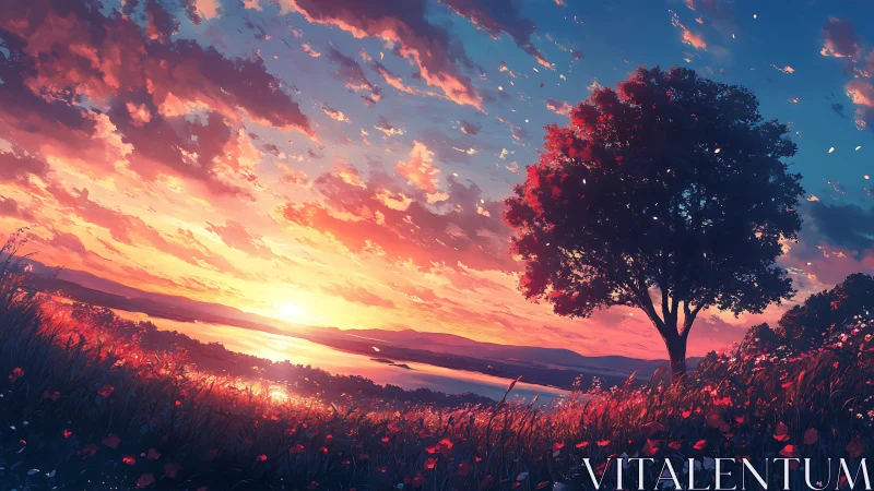 Golden sunset by a quiet lake under a lone blooming tree.