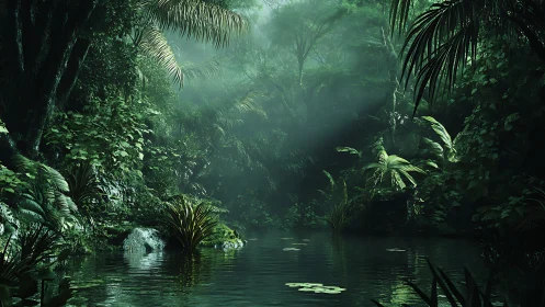 Misty tropical waterway bordered by dense vegetation and palm trees