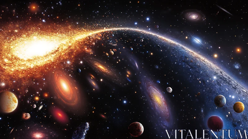 Sweeping galactic arc with radiant nebulae and planetscape.