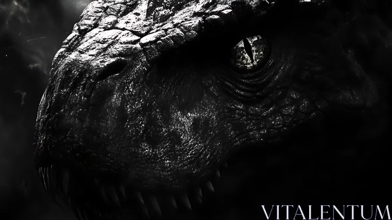 Monochrome close-up of textured dinosaur head in shadow