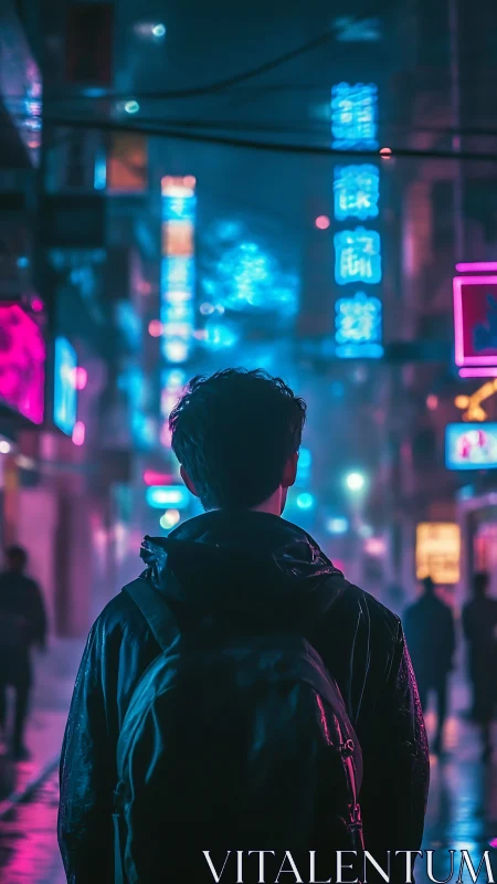 Neon city wanderer pausing beneath glowing midnight signs.