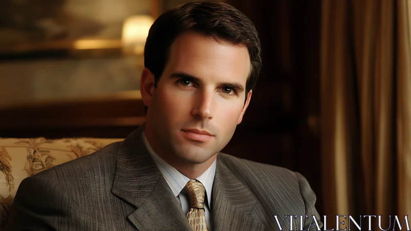 Steady‑gaze executive in warm vintage boardroom glow.